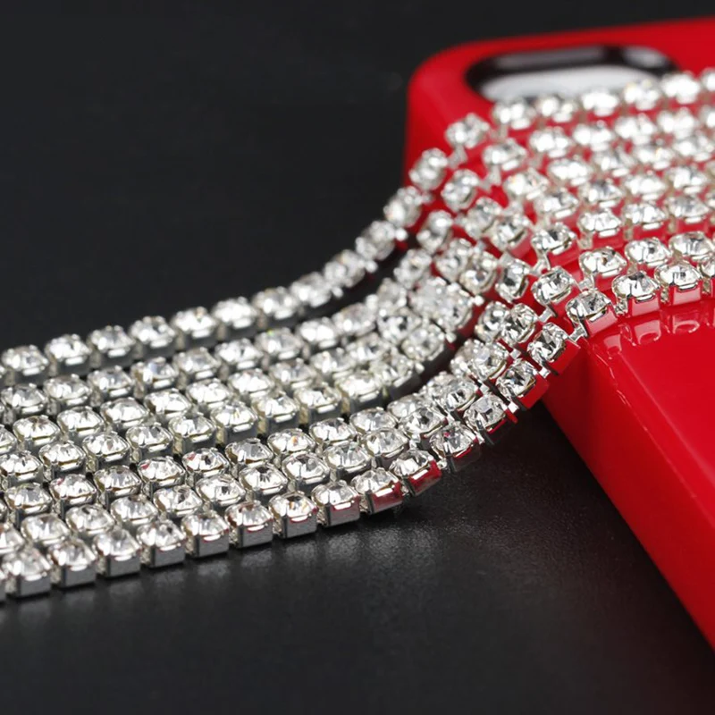 10 м/рулон блестящие стразы с прозрачными кристаллами (2-3 мм) серебряная основа