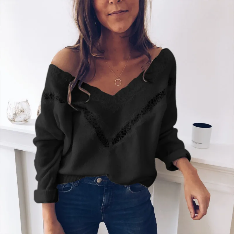 Hot Sale Fall Tops Women Sexy Low Cut Lace Patchwork White Long Sleve Women Blouse Sexy Tops and Blouse