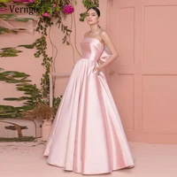 verngo simple pearls pink satin evening dresses 2021 formal party gowns strapless big bow back long bridesmaid prom dress
