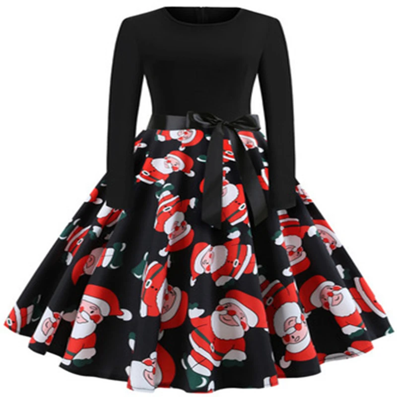 

Winter Christmas Dress Ladies Round Neck Retro Elegant Dress Casual Printing Big Swing Long Sleeve Dress Black Female