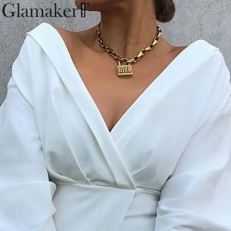 Женское винтажное мини платье Glamaker белое элегантное с v образным вырезом