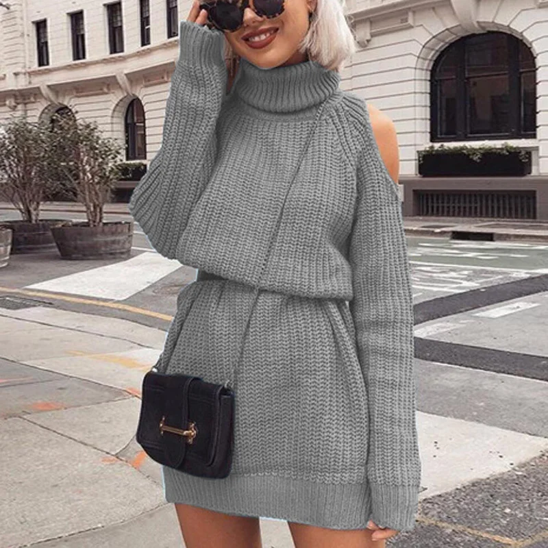 

Autumn Winter Turtleneck Off Shoulder Knitted Sweater Dress Women Solid Slim Plus Size Long Pullovers Knitting Jumper