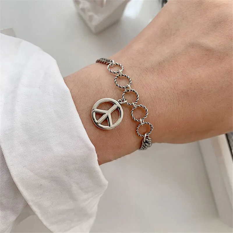

POFUNUO 925 Silver Women Vintage Style Plane Charm Bracelet Female Fashion Make Old Distressed Circle Bracelets Handmade Weave
