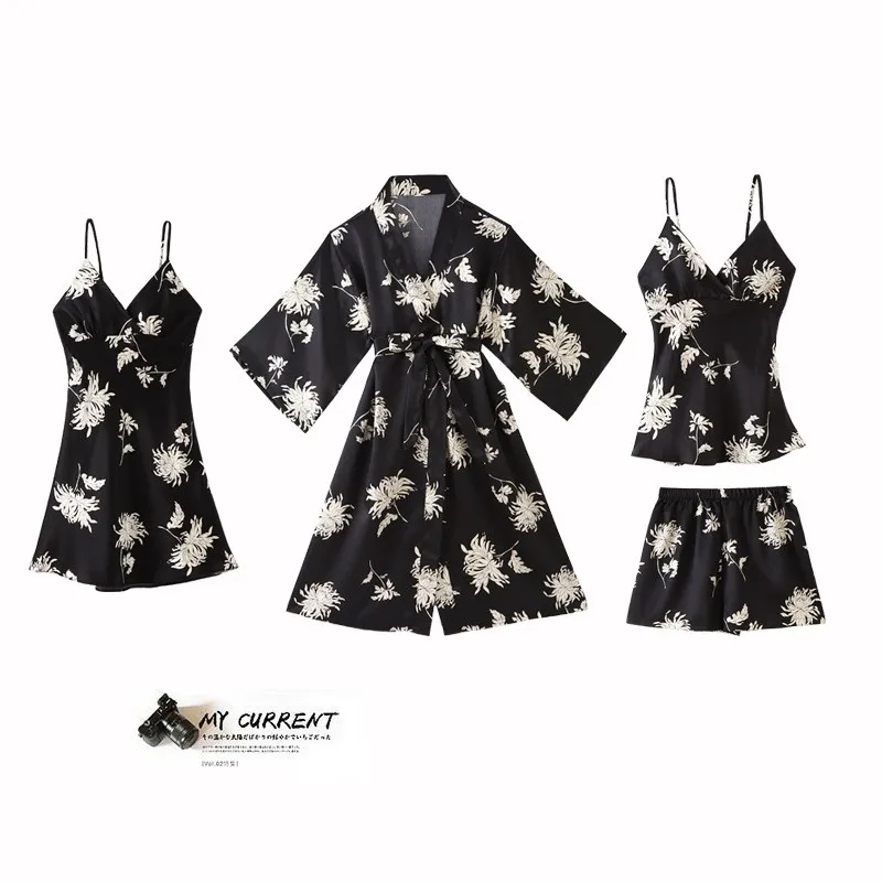 

Комплект пижамный Женский, тонкий Шелковый Атласный халат-кимоно в японском стиле, пикантный Комплект для сна с цветочным принтом, 4 предмет...