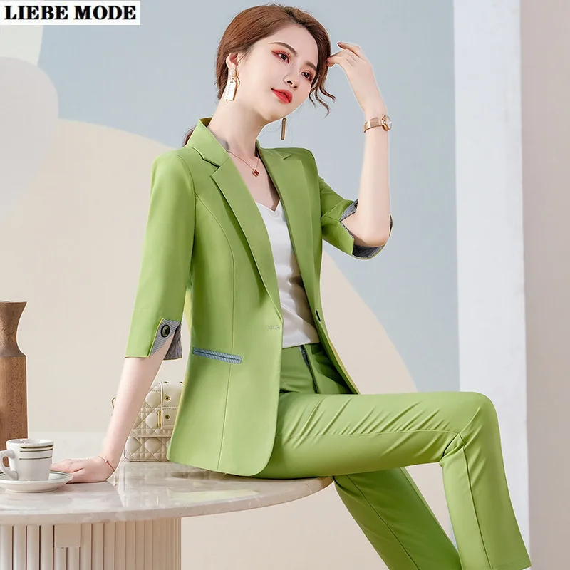 

Work Pant Suits Ol 2 Piece Set for Women Business Formal Suit Uniform Blazer and Pencil Pants Office Lady Green Pink Black Suit