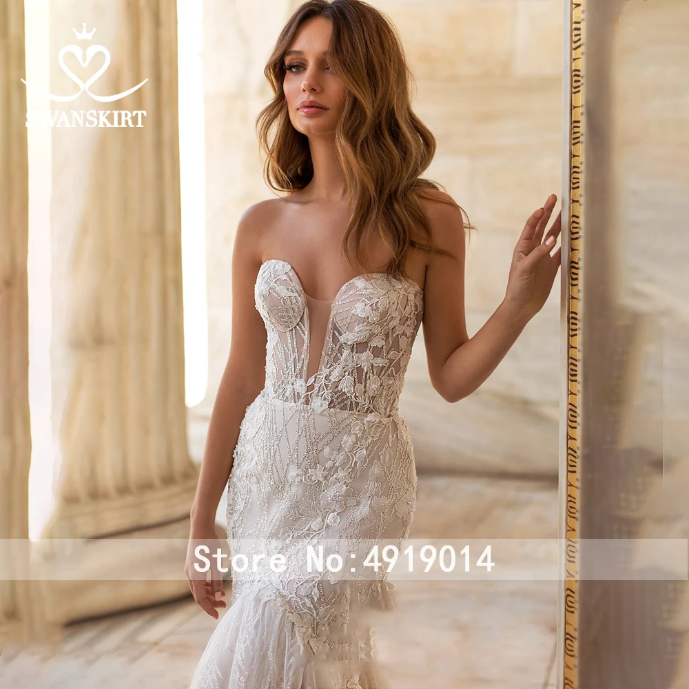Свадебное платье со съемным длинным рукавом,, Swanskirt, Сексуальная аппликация, Русалка, без бретелек, свадебное платье в тюркском стиле, Vestido de noiva, UZ31