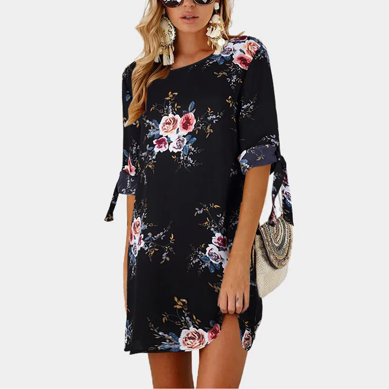 LEH Women Summer Dress Boho Style Floral Print Chiffon Beach Tunic Sundress Loose Mini Party Vestidos Plus Size | Женская одежда