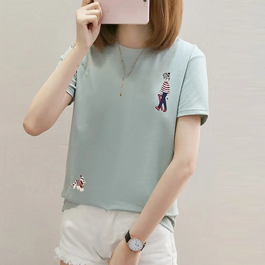 Женская футболка с коротким рукавом круглым вырезом и вышивкой|Футболки| |