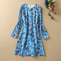 high quality new runway dress 2022 spring summer clothing women vintage floral print long sleeve slim fit a line blue dress lady