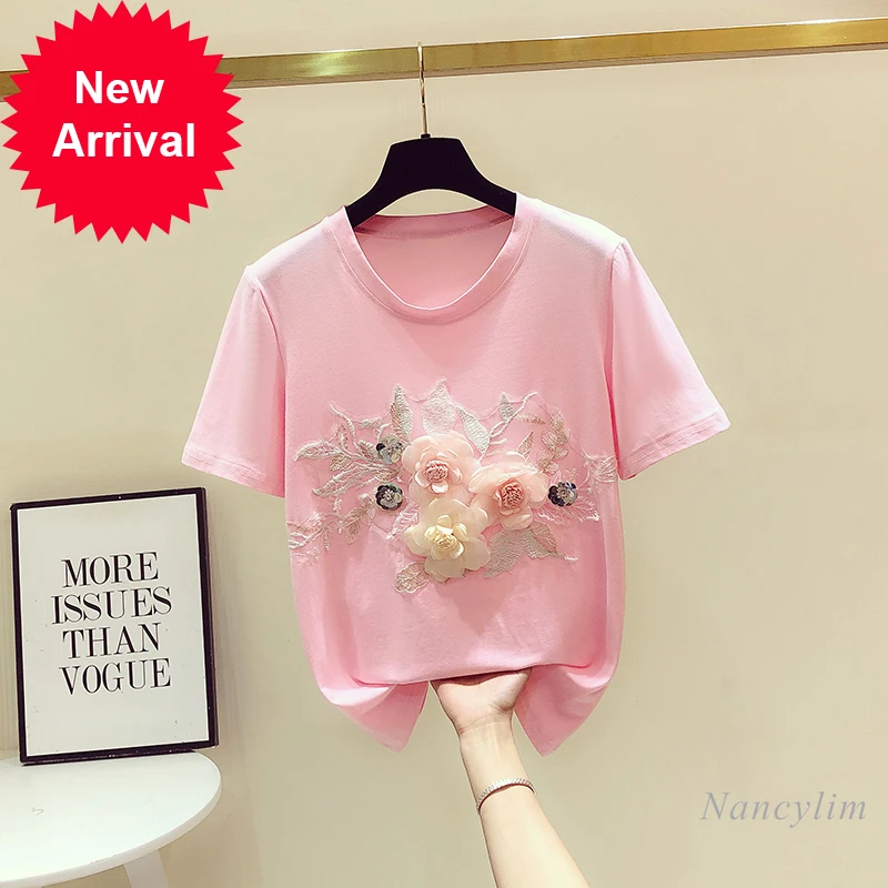 

Floral T Shirt Women 2021 Summer New Loose All-Matching Slimming Top Fashion Embroidered Three-Dimensional Flower Pink Tee