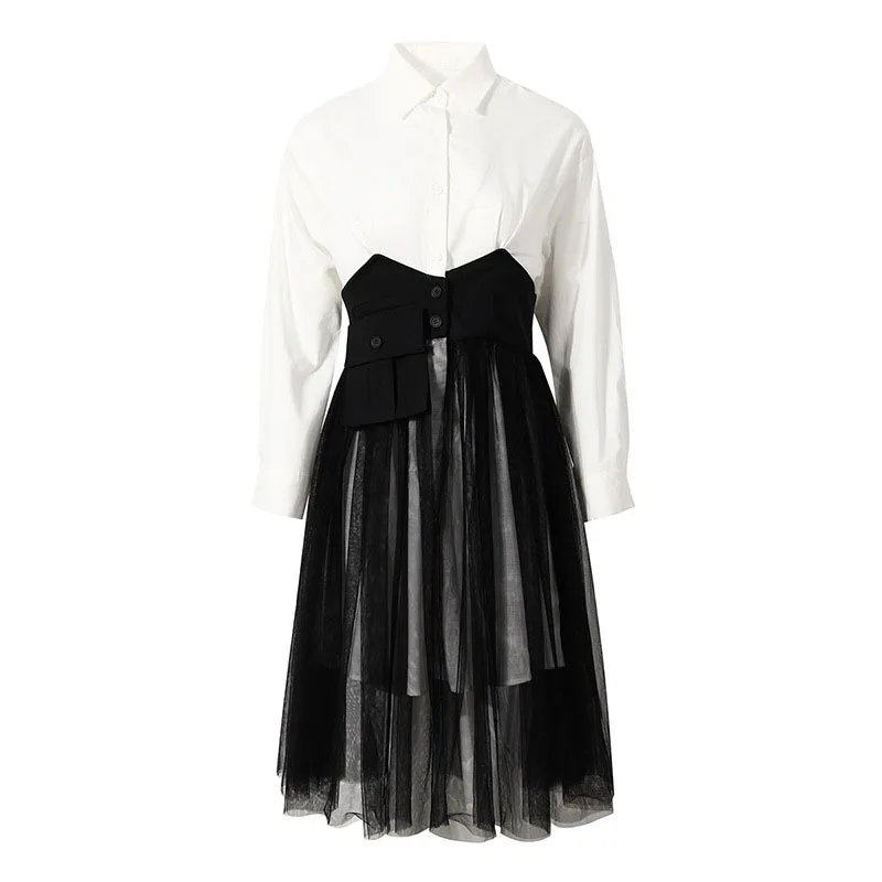 

Женские сетчатые платья с высокой талией, с отложным воротником и длинным рукавом, Женская винтажная модель в стиле пэчворк, модная новая одежда