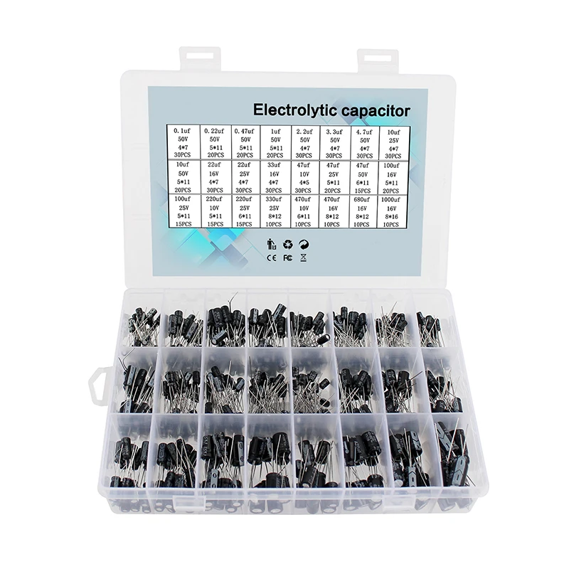 

500pcs/lot Aluminum Electrolytic Capacitor Kit 24values 10V~50V 0.1uf~1000uf Capacitors Set Assorted kit with storage box