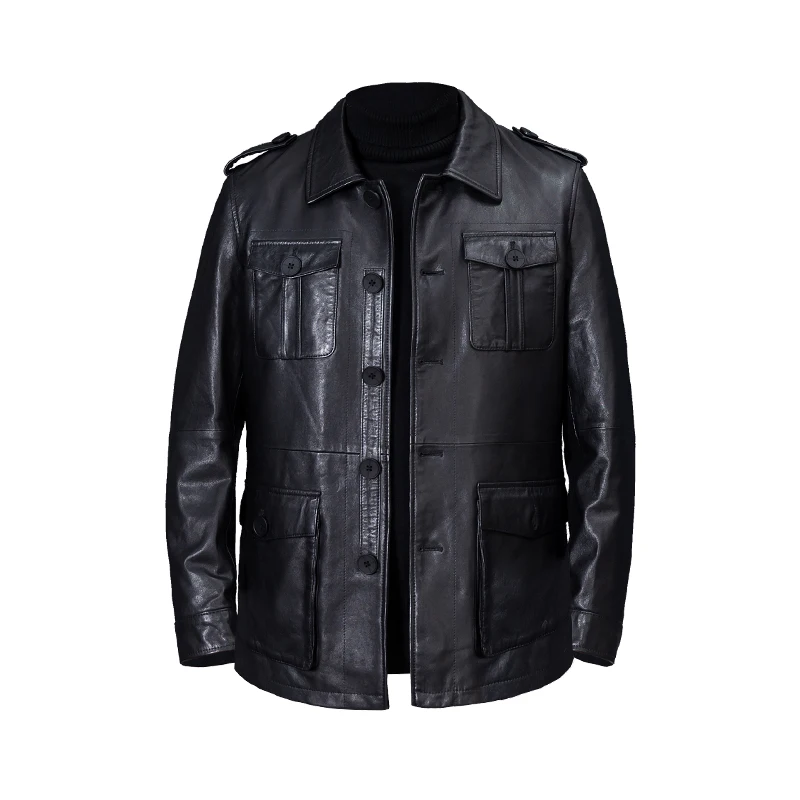 

Men Sheepskin Jacket Lapel Single-Breasted Multi-Pocket Cargo Coat Autumn Winter Retro Black Slim Fit Genuine Leather Outerwear