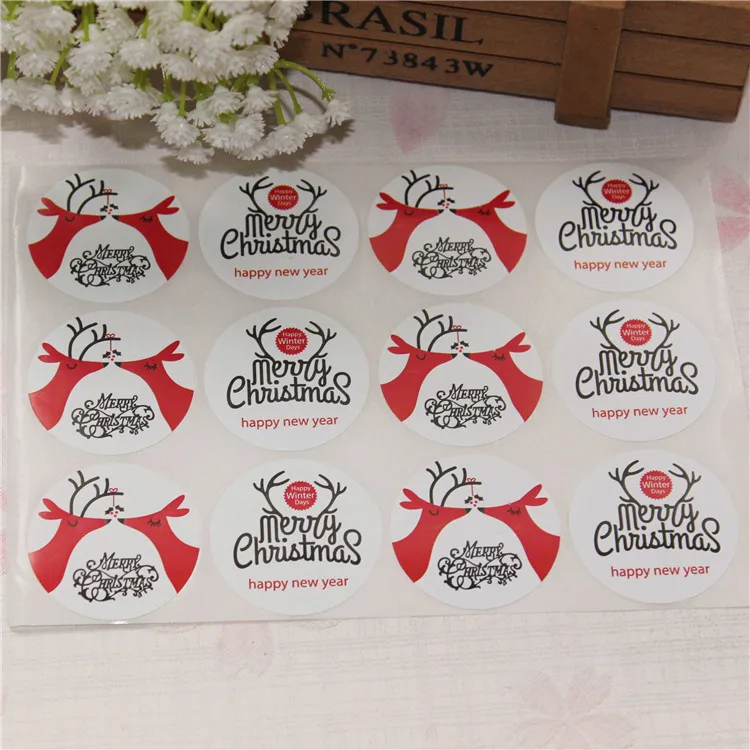 Счастливого Рождества Снежинка Лось печать стикер значок Стикеры из крафтовой
