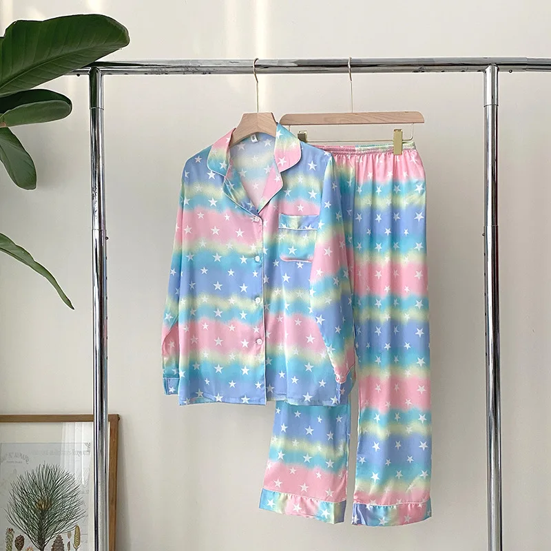 

2PCS Women Rayon Pajamas Sets Sexy Shirt Collar Pocket Sleepwear Nightwear Pyjamas Suit Print Stars Loungewear Home Clothes
