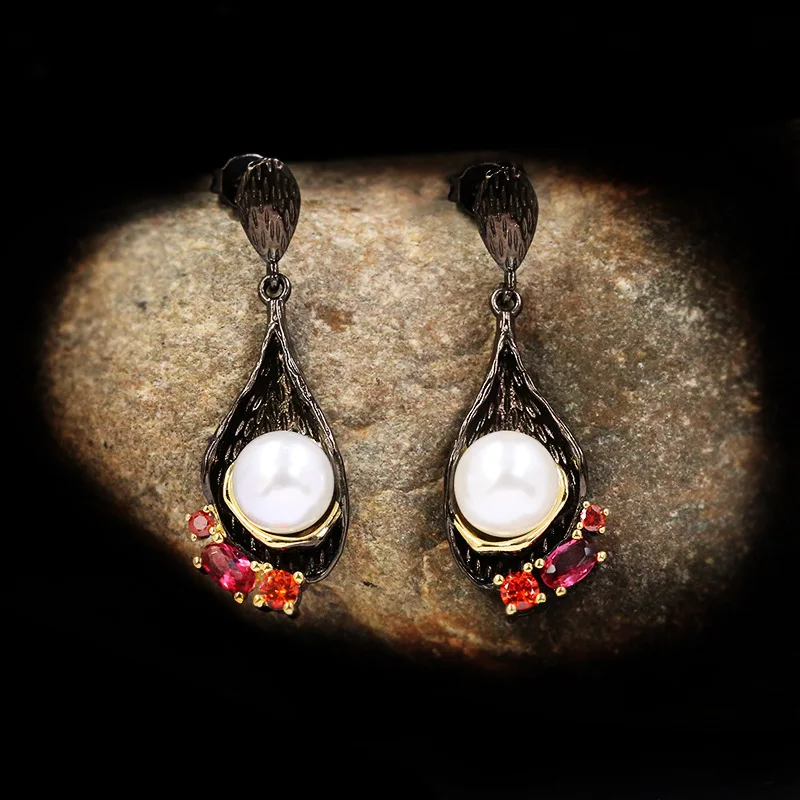 

BLACK ANGEL Luxury Retro Inset CZ Pearl Earrings Wild Openwork Water Drop Black Gold Jewelry 925 Silver Long Earrings for Women