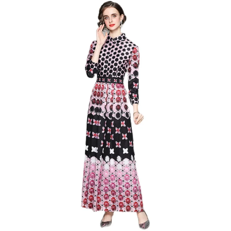 

Fashion Temperament Print Dress Polka Dot Flower Long Sleeve Button Shirt Elegant Long Dresse Spring Summer New Clothes