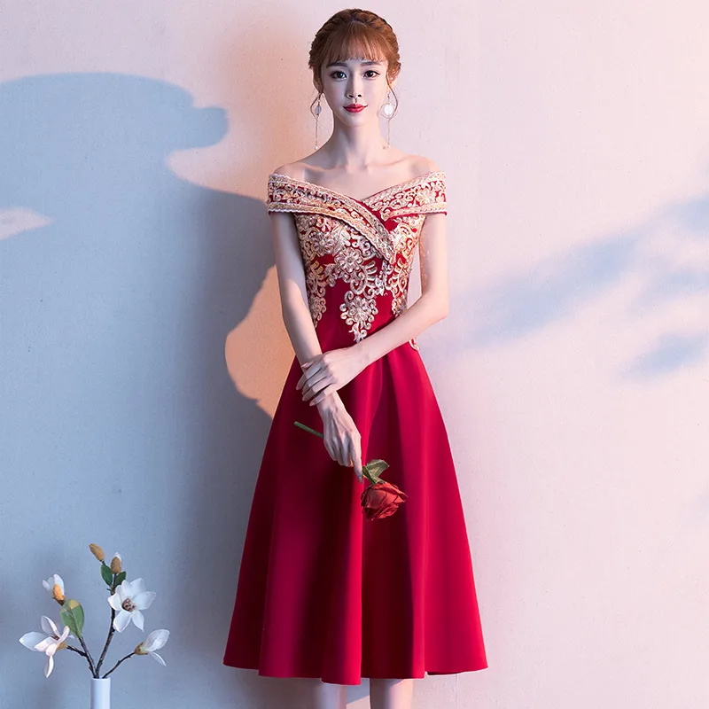 

Summer Women Satin Wedding Evening Dress Bling Appliques Mid-Length Skirt Dresses Sexy Slash Neck Banquet Prom Gown Vestidos