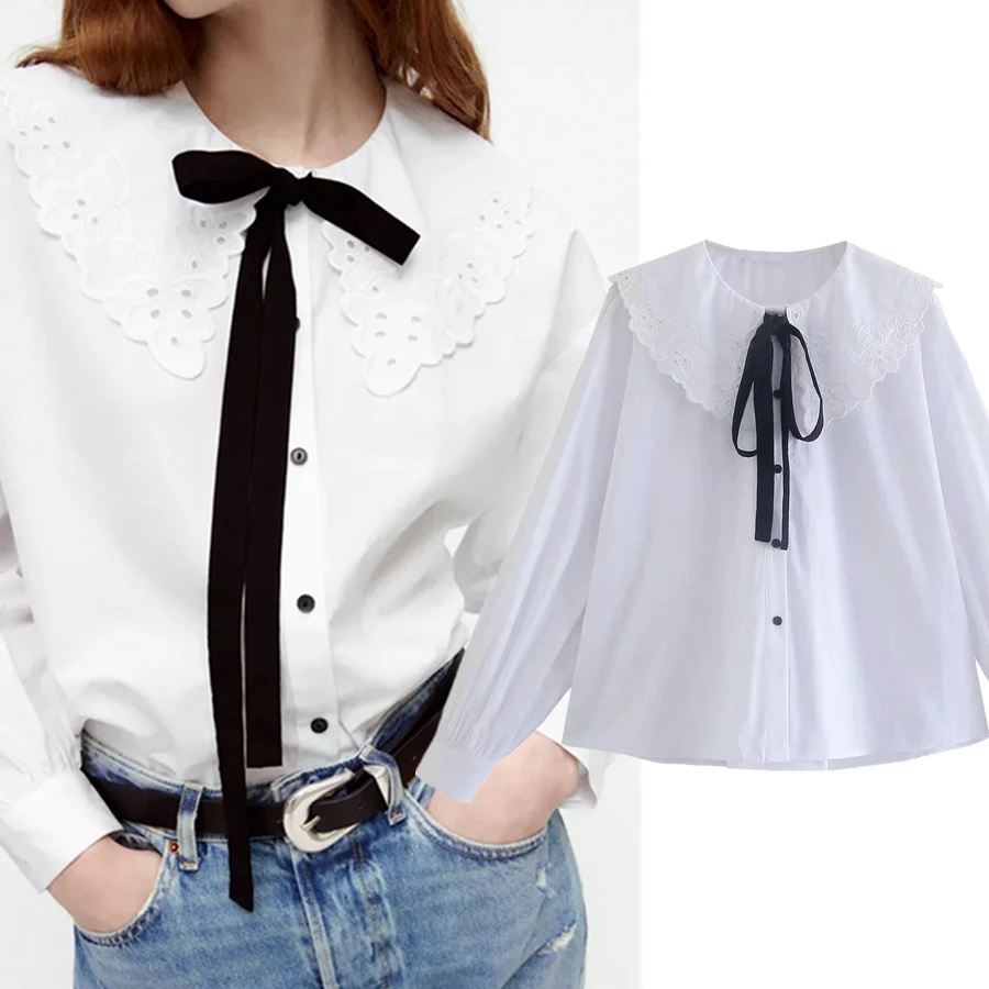 

Withered Blusas Mujer De Moda 2021 Autumn England High Street Vintage Embroidered Bow White Blouse Women Fashion Shirt Women Top