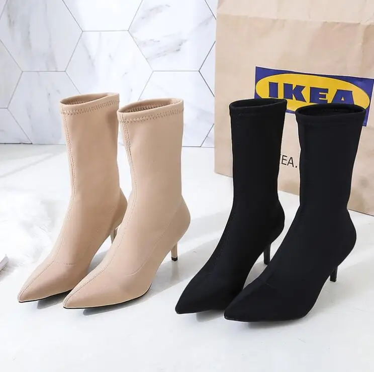 Ботинки до середины икры женская обувь женские ботинки на высоком каблуке