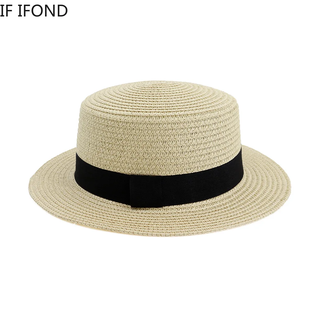 Handmade Summer Sun Hat Raffia Straw black Ribbon Cap Casual Temperament Flat hat | Hats