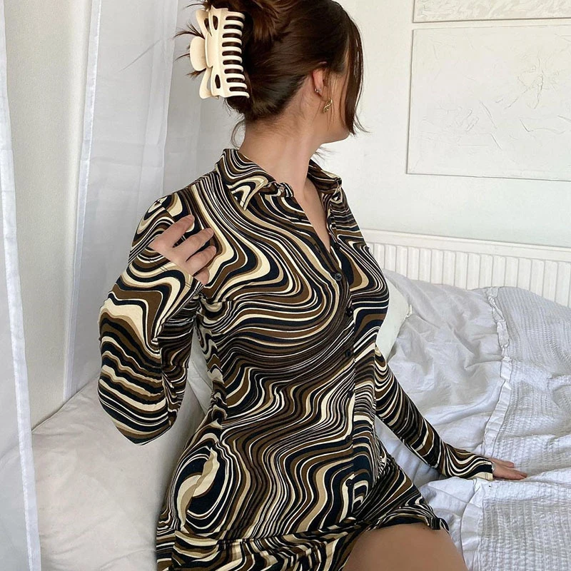 

Tie dye ripple Winter Long sleeve Sexy Slim fairy grunge tunics lapel Low-cut Mini dress vintage Buttons y2k bodycon dress woman