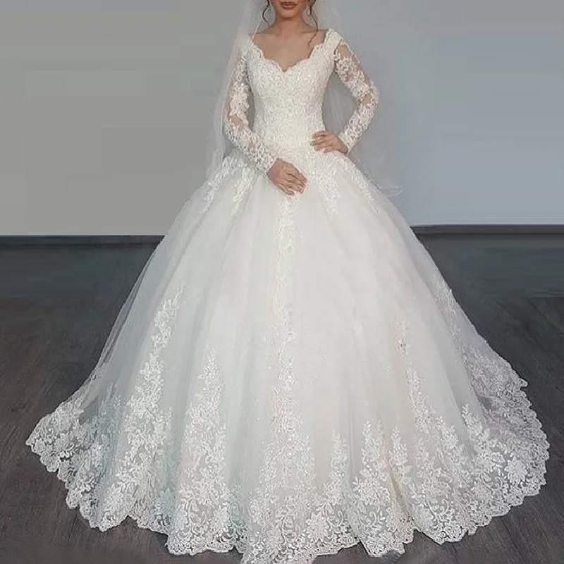 

Bridal Wedding dress Plus size V neck long sleeve wedding gown lace applique ball gown princess bridal wedding dress