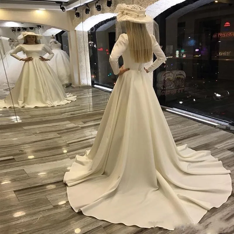2021 Ivory A Line Muslim Wedding Dresses Jewel Neck Long Sleeve Lace Up Back Satin Bridal Gowns Chapel Train Vestido De Novia