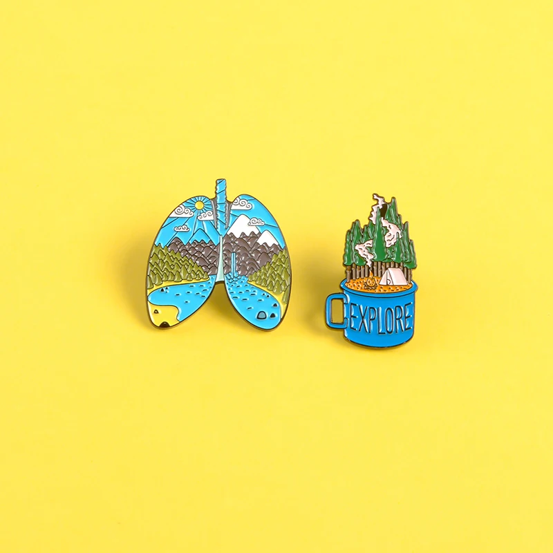 Лес земля легочная эмаль pin Исследуйте Кемпинг синяя чашка нагрудный знак брошь
