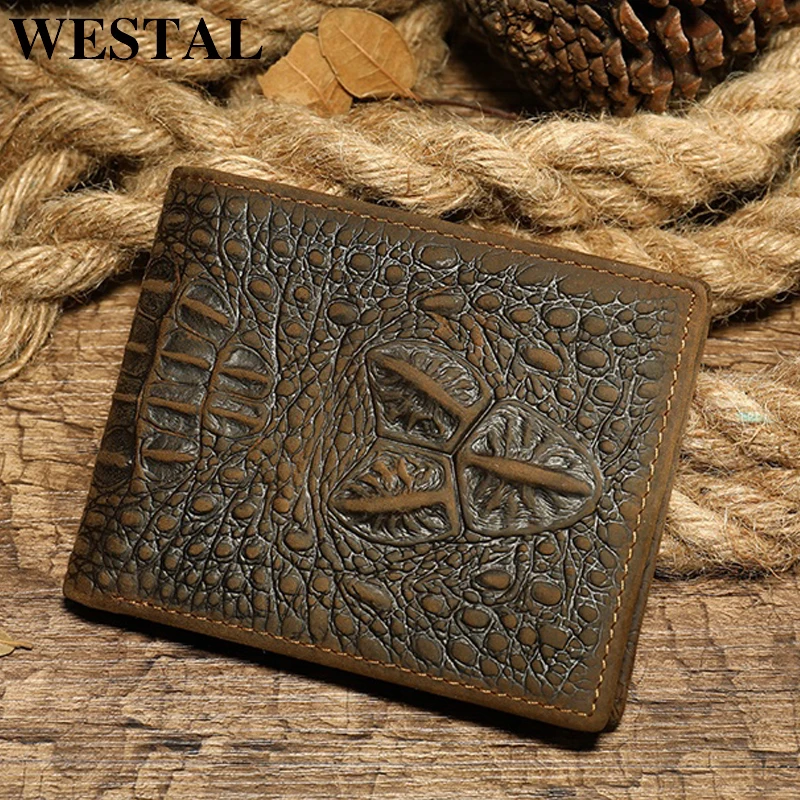 WESTAL men's wallet genuine leather purse for men vingate crocodile pattern wallet short coin purse wallet clutch money bag 7001