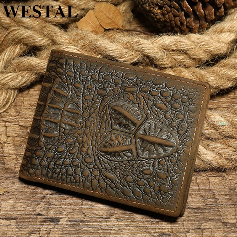 Мужской кошелек WESTAL из натуральной кожи винтажный бумажник с узором крокодила