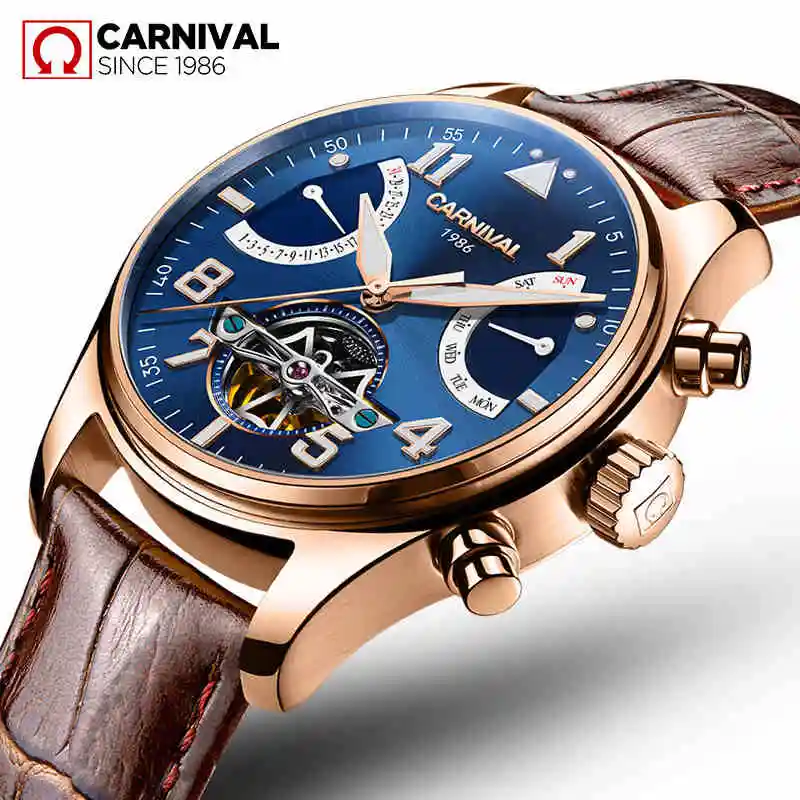 

CARNIVAL Men Luxury Watch Luminous Pointer Calendar Week Leather StrapTourbillon Window Fully Automatic Mechanical Watch 8783G