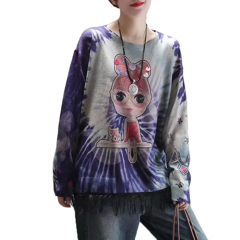 

Harajuku Women Plus Size Casual Knitted Tops Femme Long Sleeve Vintage Cartoon Pullover Tops Blouse Ropa De Mujer Sweaters Shirt