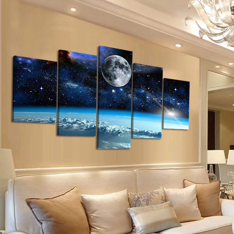 5 панели бескаркасные настенная живопись Печать холст Современная Космос Луна
