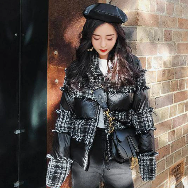 Женские зимние короткие шерстяные Лоскутные парки пальто свободного покроя