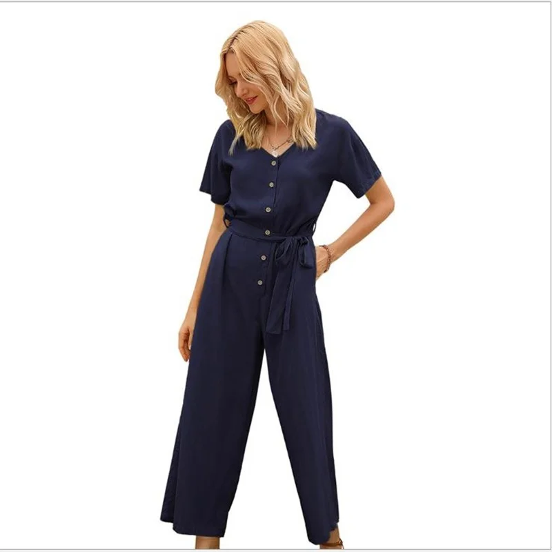 Summer Fashion Solid Color Jumpsuit Women Round Neck Short-Sleeve Women Rompers Color Waistband Single Breasted Jumpsuit