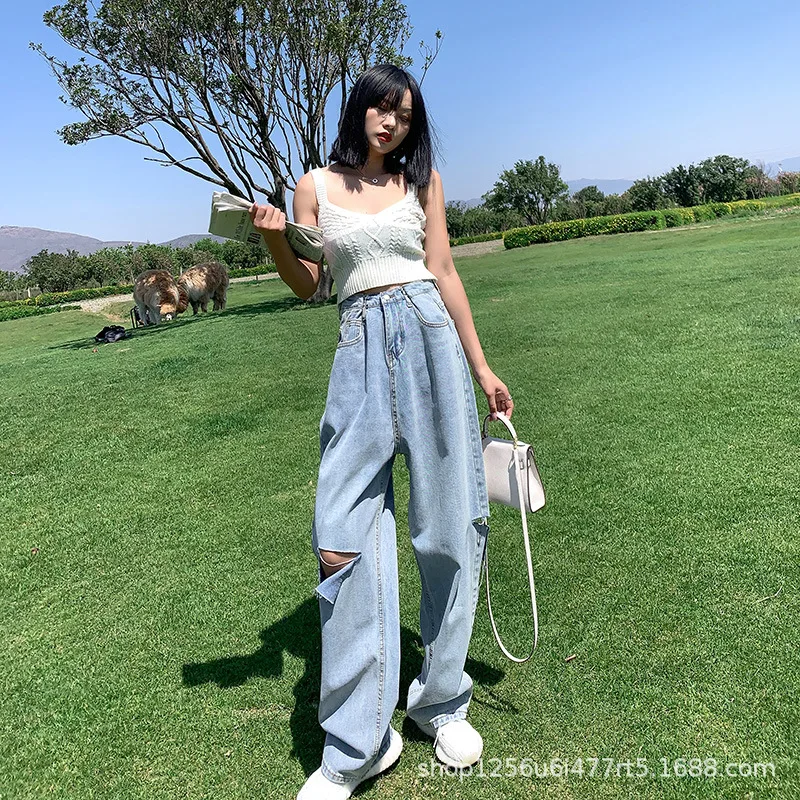 Женские джинсы с дырками широкие свободные брюки высокой талией тонкие модные