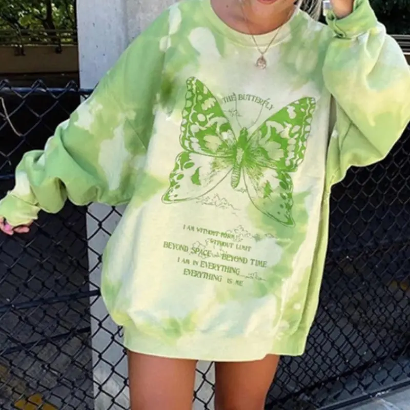 

Butterfly Print Tie-dye Long-sleeved Autumn Ladies Pullover Green Hoodie Casual Loose Pullover Top Large Women's Sweatshirt