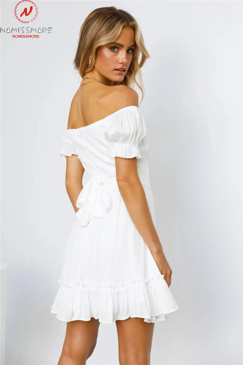

Sexy Women Summer Solid Color A-Line Dress Cross Shrinkage Design Ruffles Decor Slash Neck Short Sleeve Mid Waist Slim Dress