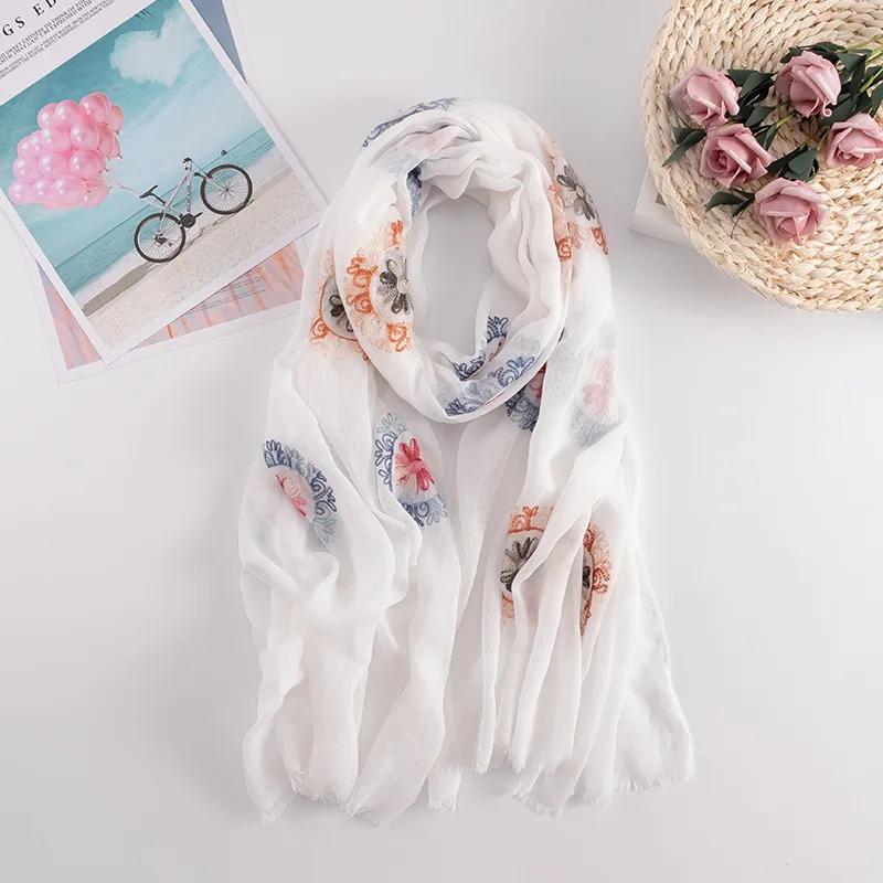 Cotton Embroidery Women Spring Winter Scarf Lady Shawl Air Conditioning Towel Muslin Hijab |