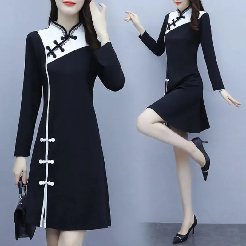 Женское приталенное платье-Ципао черное китайское платье с длинным рукавом