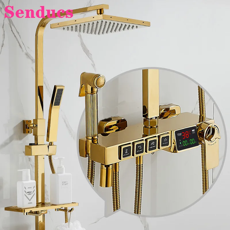 

Gold Bathroom Shower Set Senducs Quality Brass Bathtub Mixer Faucets Gold Shower Sprinkler Suit Thermostatic Shower System