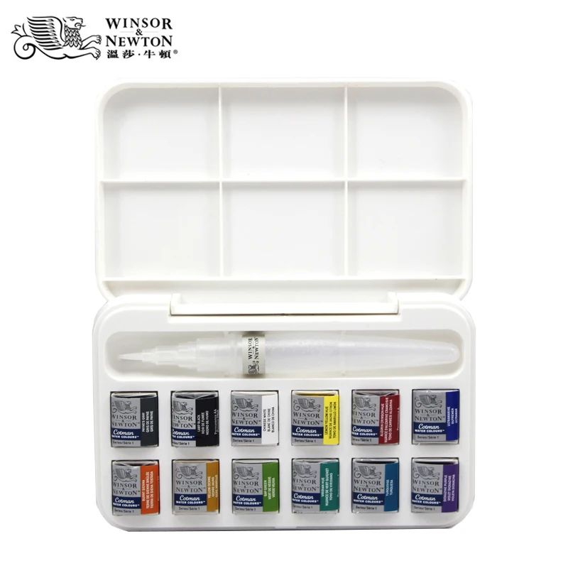 

Winsor&Newton cotman solid WaterColor pigment set 12 half pans and a brush pen art supplies