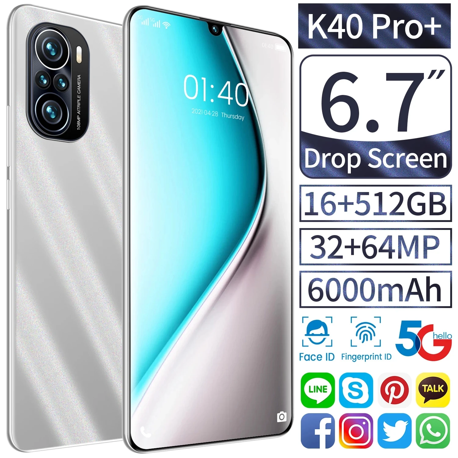 

K40 Pro+ Smartphone Android 11 Global Version MTK6889 Deca Core 5G 6.7 Inch Drop Screen 16+512GB 6000mAh Mobile Phone