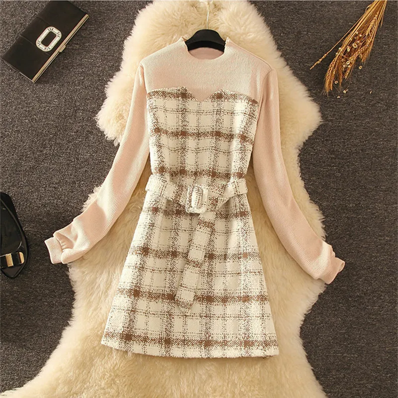 Осенне зимнее платье 2020 женское модное вязаное шерстяное в клетку с длинным