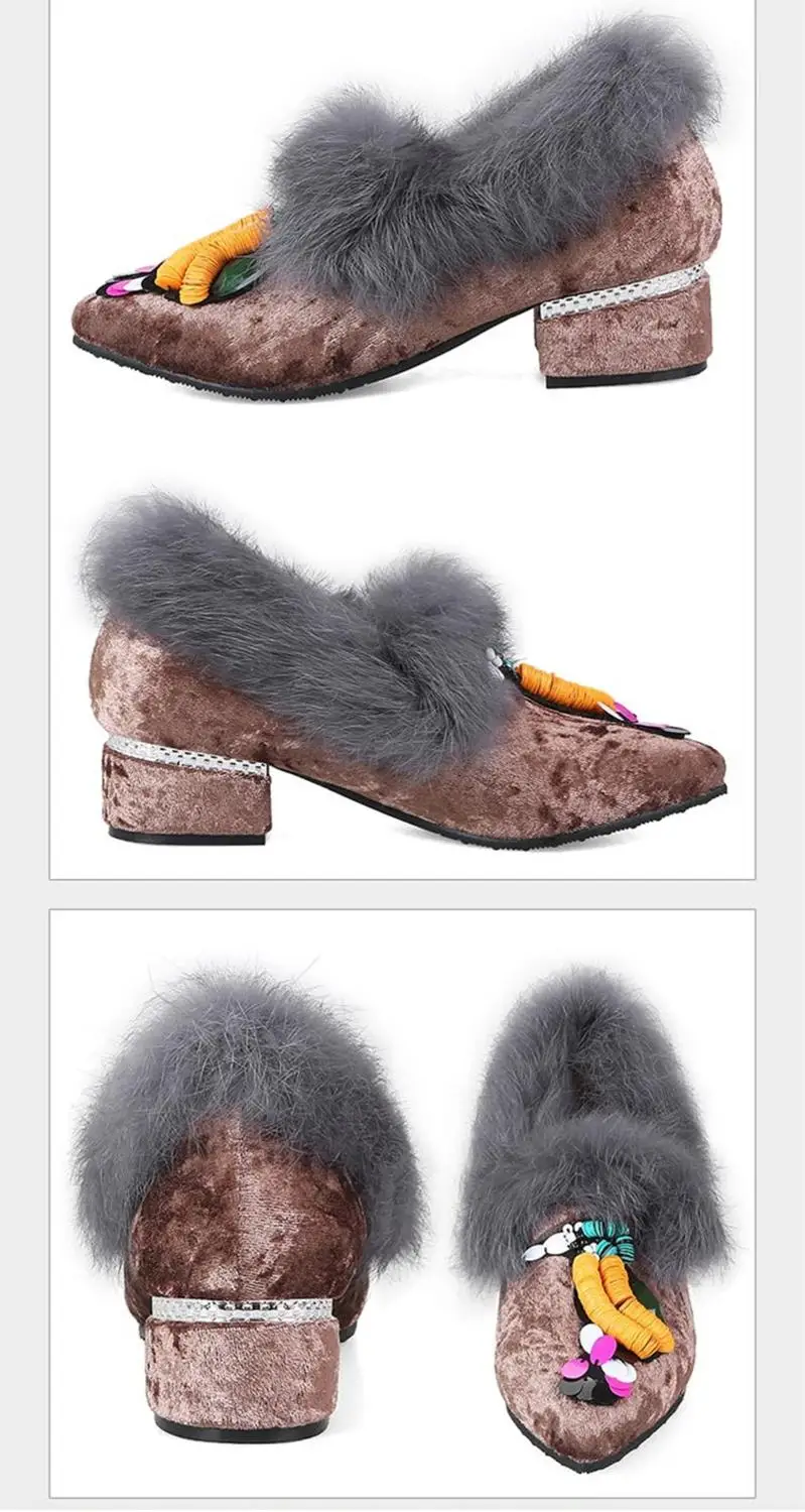 Woman's gold velvet face cartoon decorative pointed head with single heel shoes | Обувь