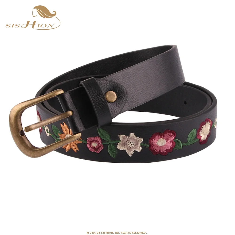 SISHION Women belts embroidery SP0777 Floral Leather Vintage Black belt decoration retro female