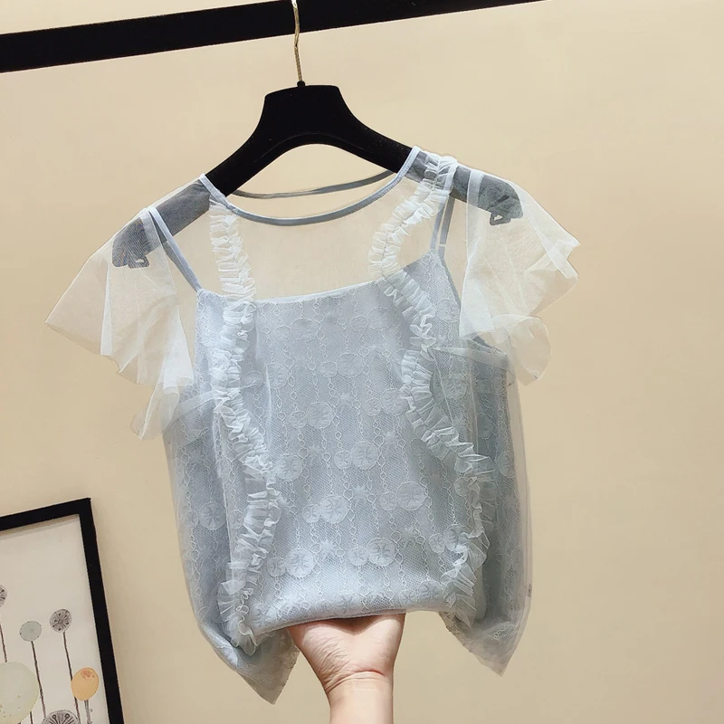 

Mesh Two-Piece Women T-Shirts Summer New Design 2021 Solid See Through Ruffles Elegant Female Pulls Outwear Tops Tees