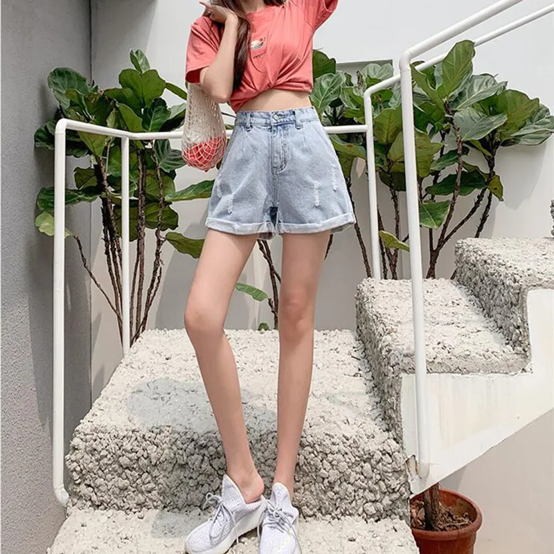 

Woman Jeans Shorts Clothes Ripped High Waisted Summer Streetwear Baggy Wide Leg Vintage Fashion The Blue Harajuku Pants