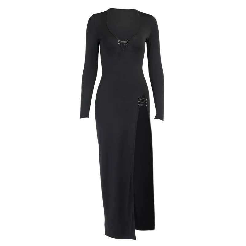 

WannaThis Long Sleeve Mid-Calf Dress V-neck Hem Split Sexy Slim Autumn New Fashion Casual Party Elegant Women's Dress Streetwear